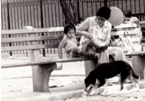 My mother babysitting. I think the dog got whatever the little girl dropped.